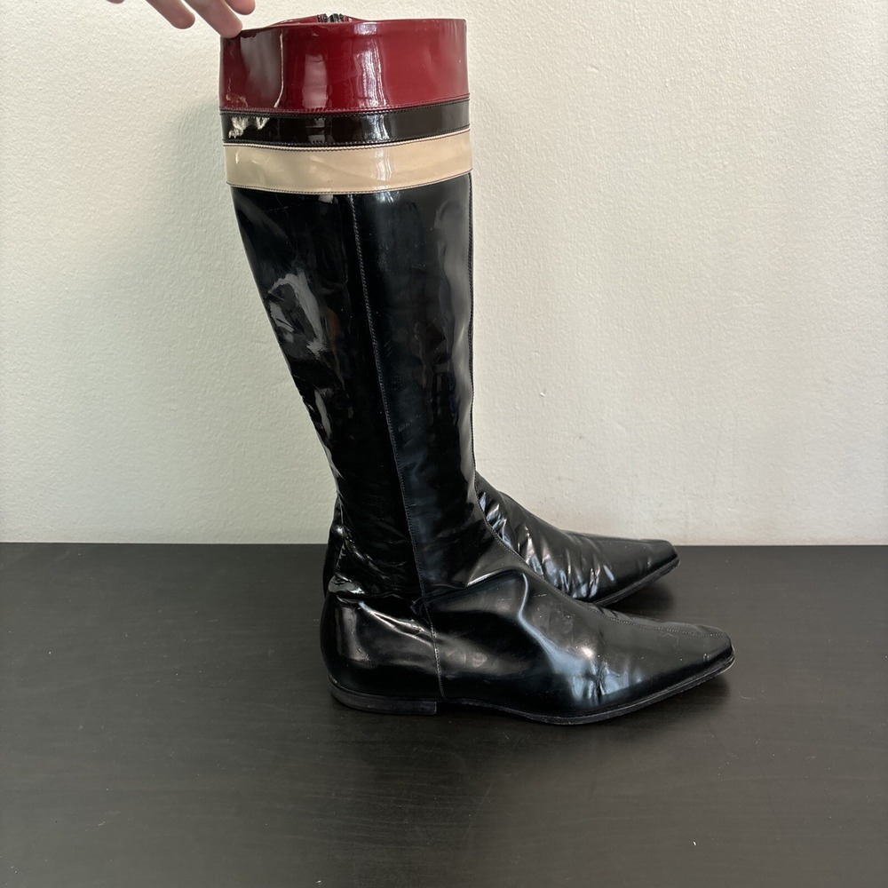 Burberry Red Black Patent Leather Pointed-Toe Knee-High Riding Boots Womens 37.5 - Picture 6 of 16